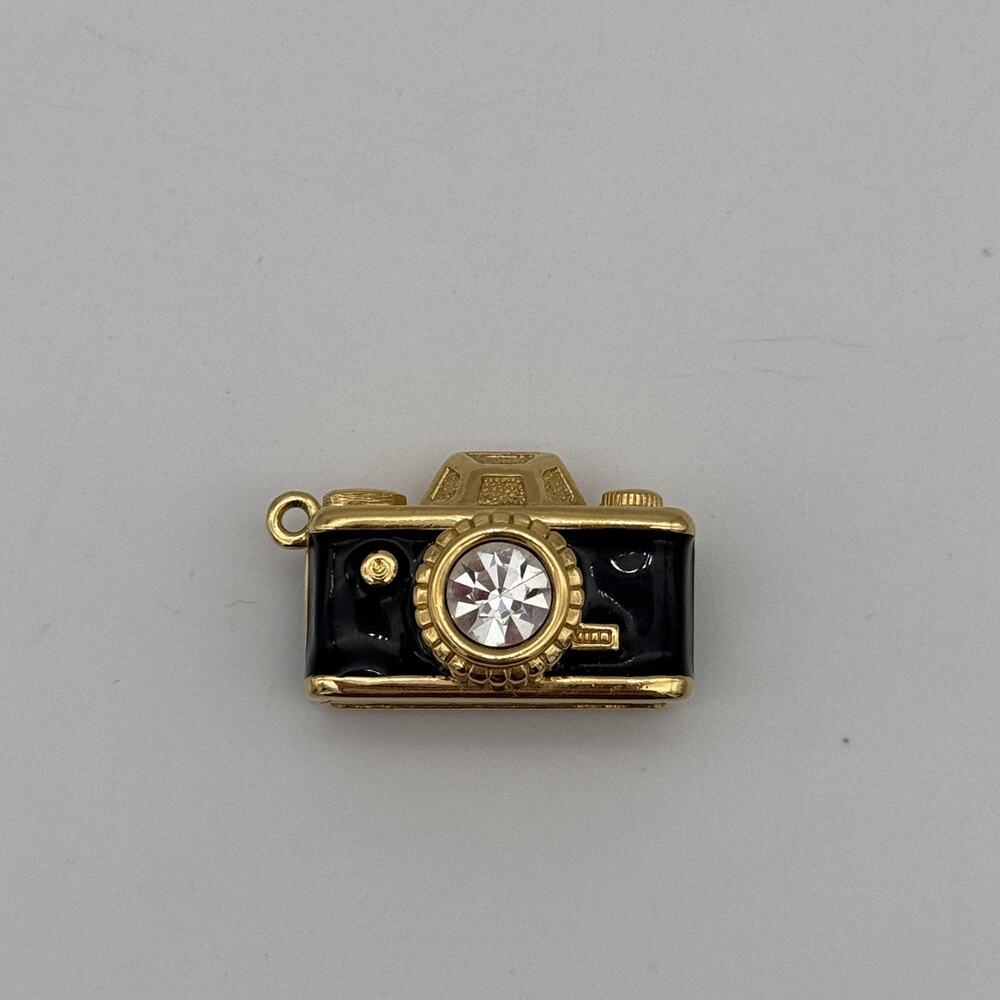 Swarovski Camera Pendant Charm Black Enamel Gold Tone Photography Lens Spins